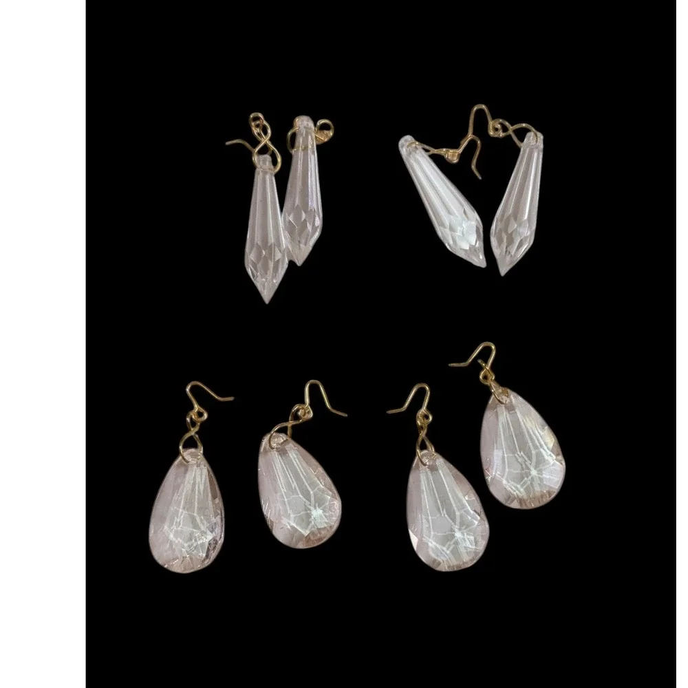 Clear‎ Crystal Faceted Teardrop and Prism Dangle Earrings Gold Tone Set of 4